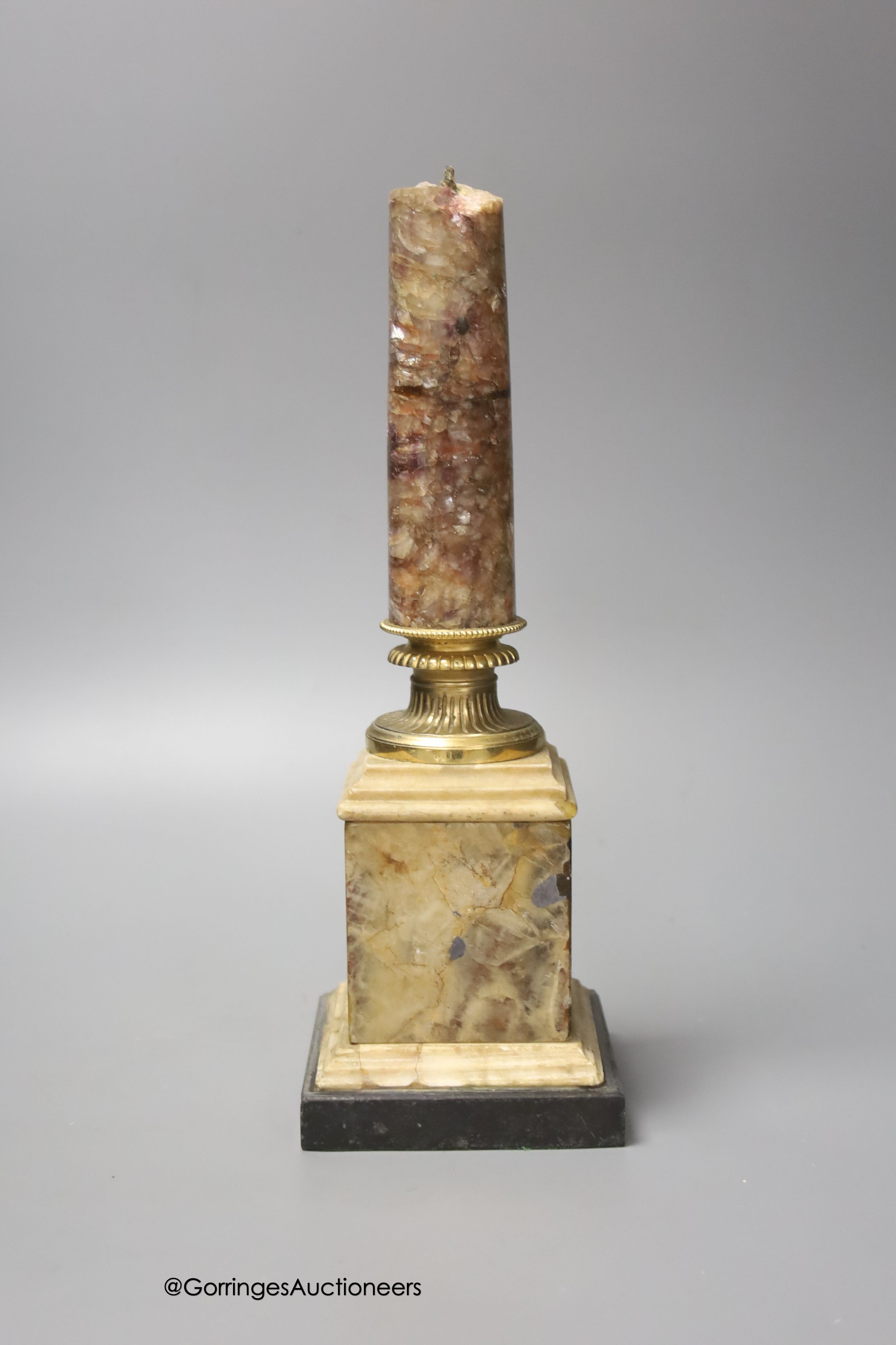 An ormolu mounted Blue John table lamp, with corinthian capital, height 37cm (a.f.)